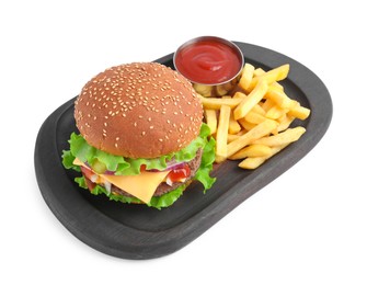 Delicious burger with beef patty, tomato sauce and french fries isolated on white