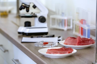 Meat on table in laboratory. Proceeding quality control