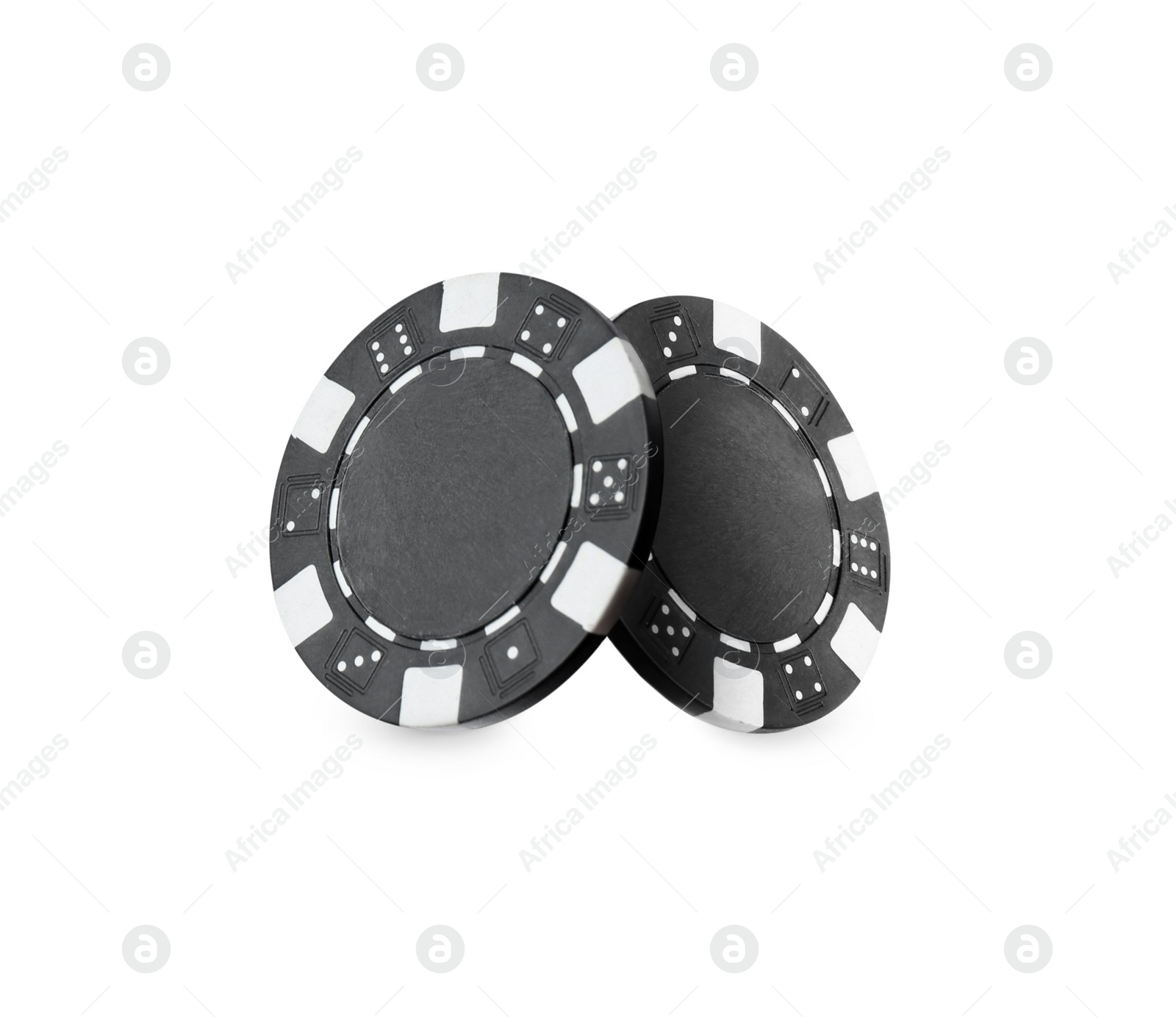 Image of Black casino chips on white background. Poker game