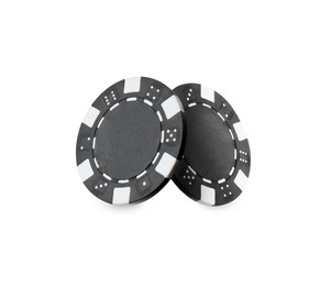 Image of Black casino chips on white background. Poker game
