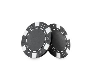 Black casino chips on white background. Poker game