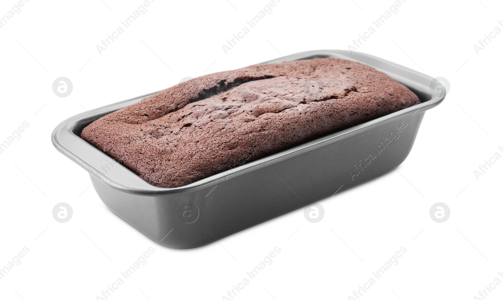 Photo of Delicious chocolate sponge cake in baking pan isolated on white