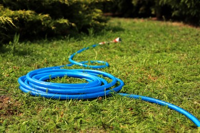 Blue watering hose on green grass outdoors, space for text