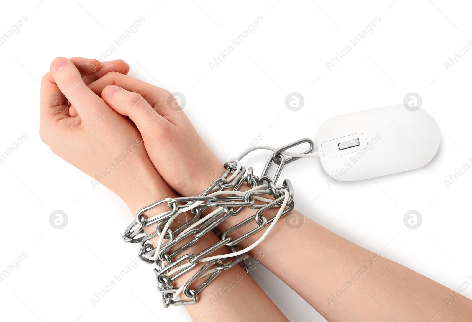 Photo of Woman chained to computer mouse on white background, top view. Internet addiction