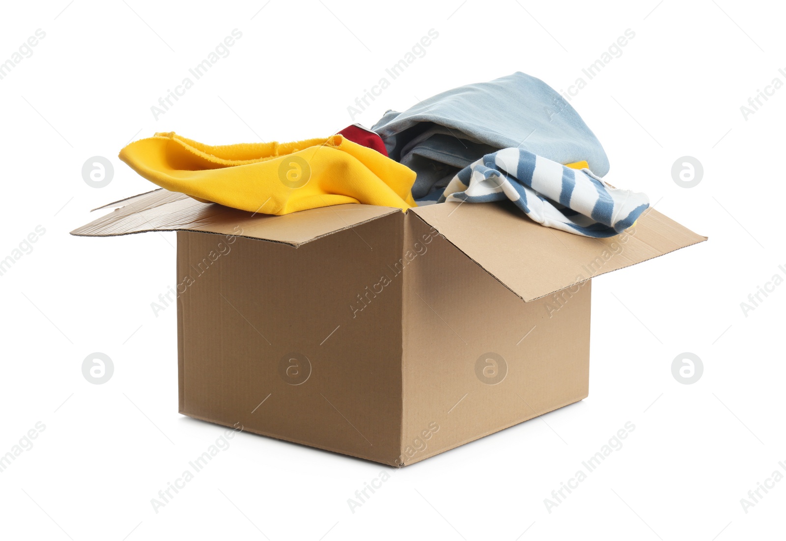 Photo of Cardboard box with clothes isolated on white