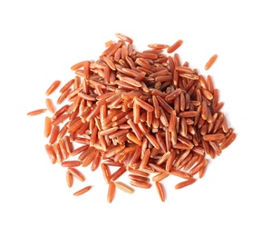 Photo of Pile of uncooked brown rice on white background