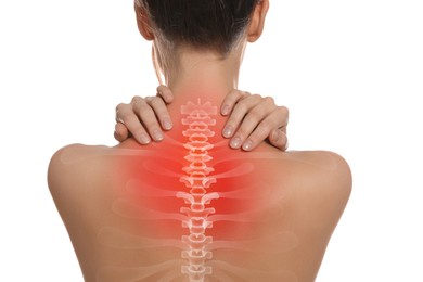 Image of Woman suffering from pain in neck on white background, closeup