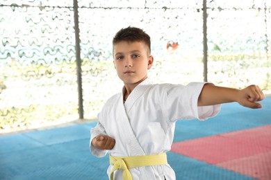 Photo of Boy in kimono practicing karate on tatami outdoors
