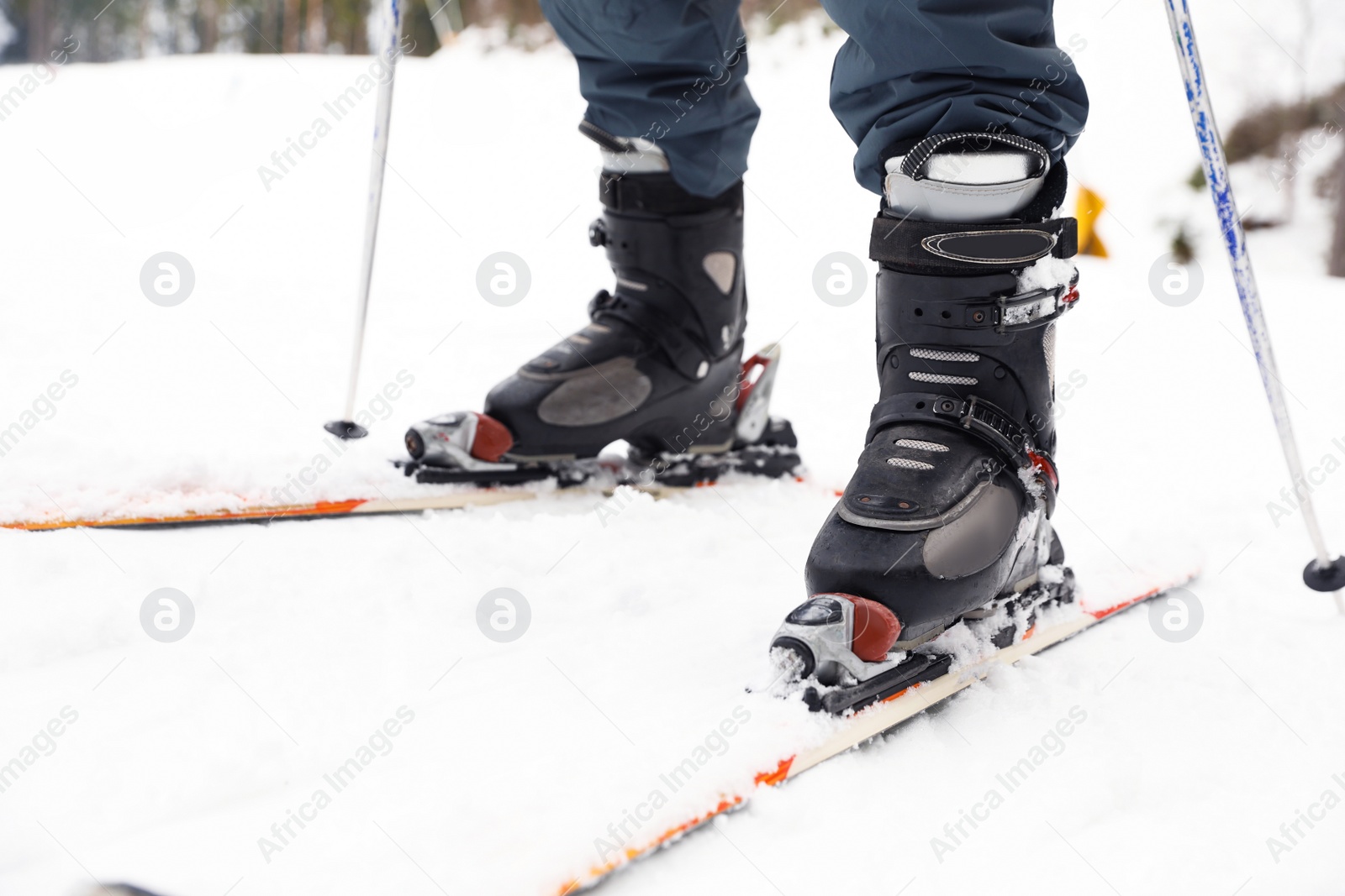 Photo of Skier on slope at resort, closeup. Winter vacation