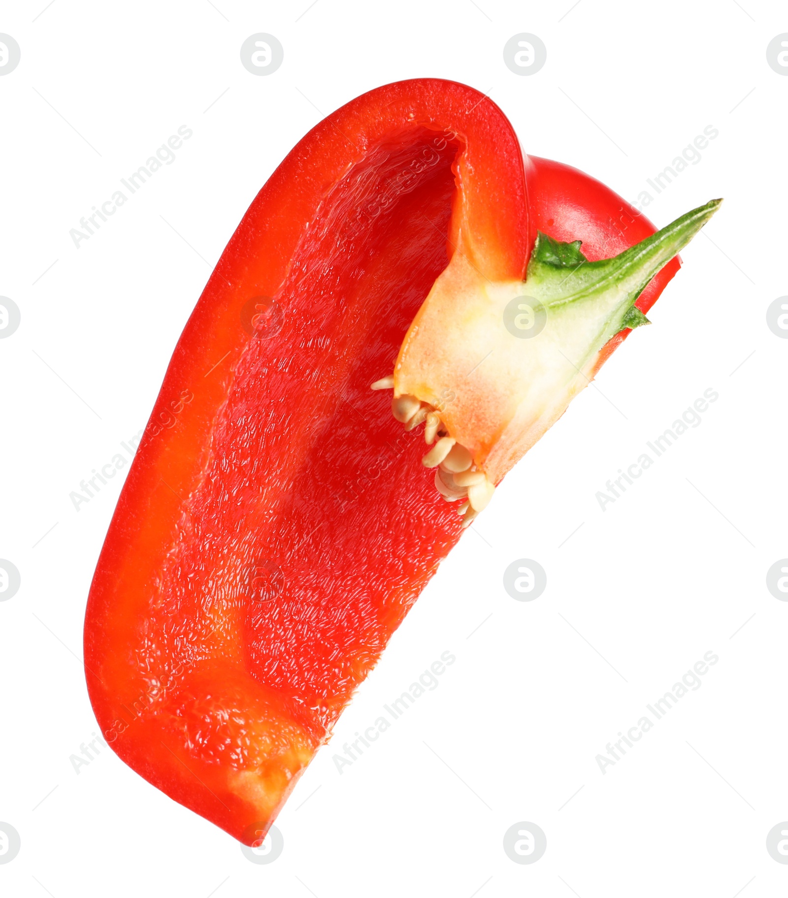 Photo of Slice of ripe red bell pepper on white background