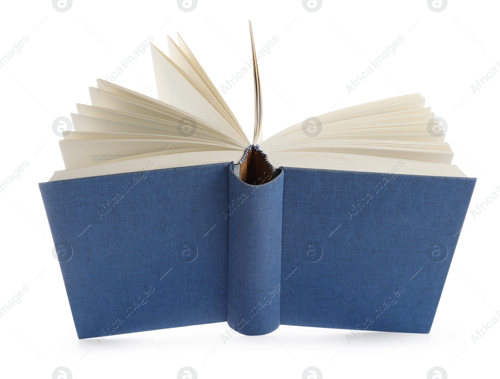 Photo of Open blue hardcover book isolated on white