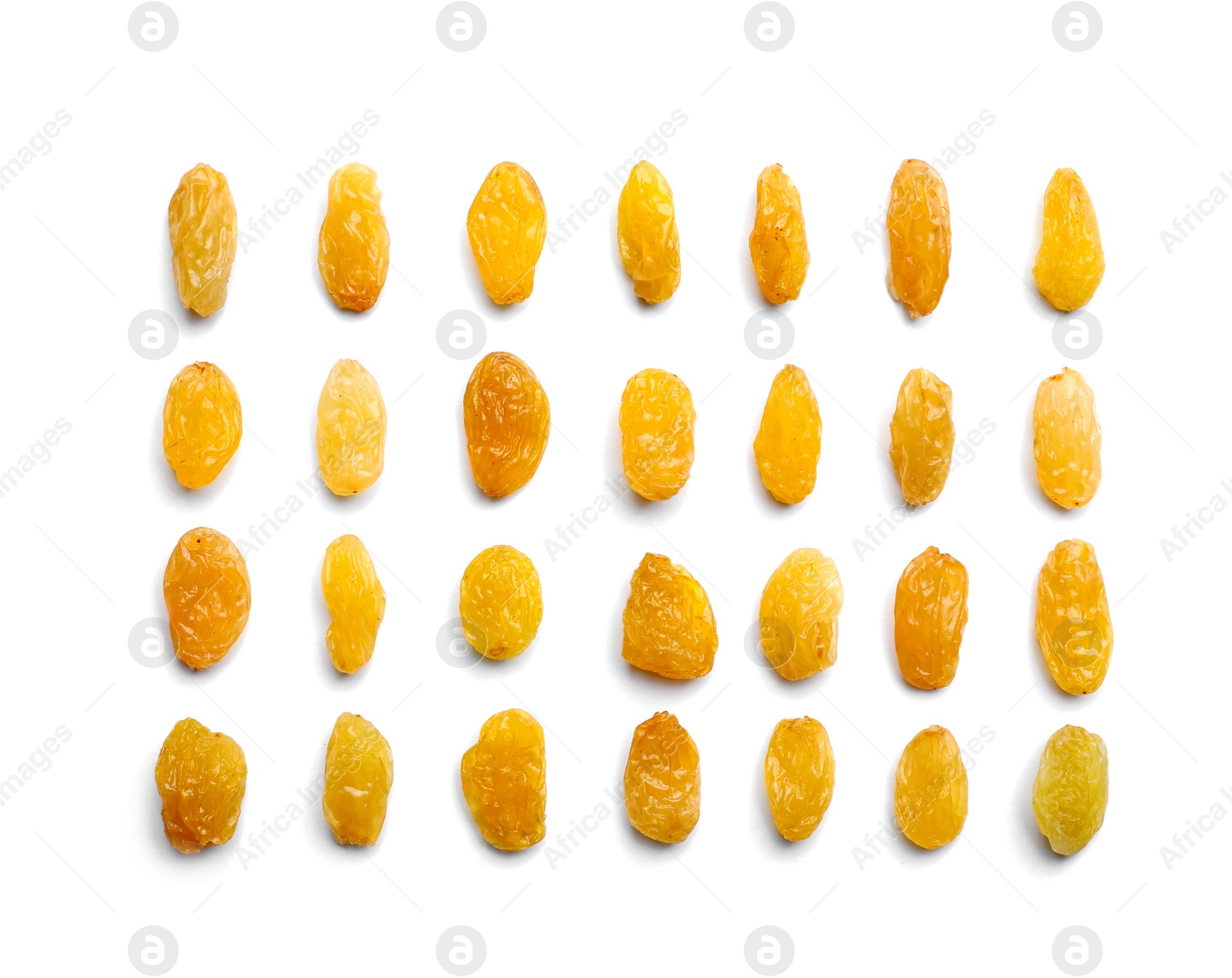 Photo of Composition with raisins on white background, top view. Dried fruit as healthy snack