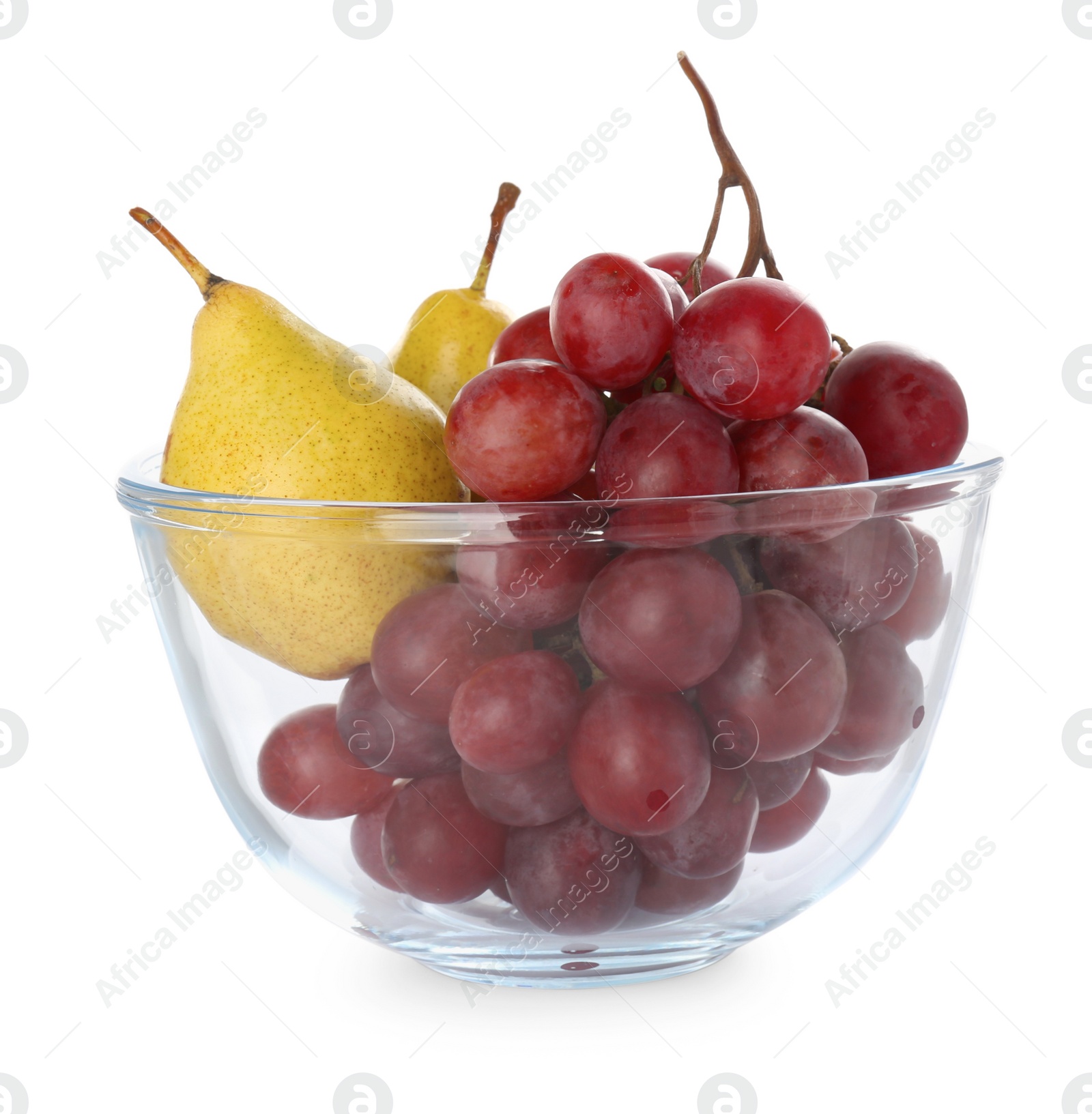 Photo of Fresh ripe pears and grapes in glass bowl on white background