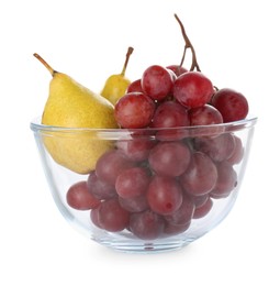 Fresh ripe pears and grapes in glass bowl on white background