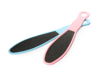 Colorful foot files on white background. Pedicure tools