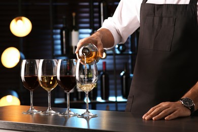 Bartender preparing wine tasting set at counter indoors, closeup