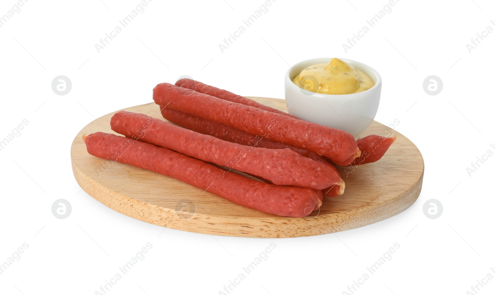 Photo of Thin dry smoked sausages and sauce isolated on white