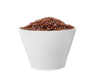 Ceramic bowl with brown rice on white background