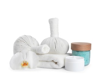 Photo of Spa composition with care products on white background