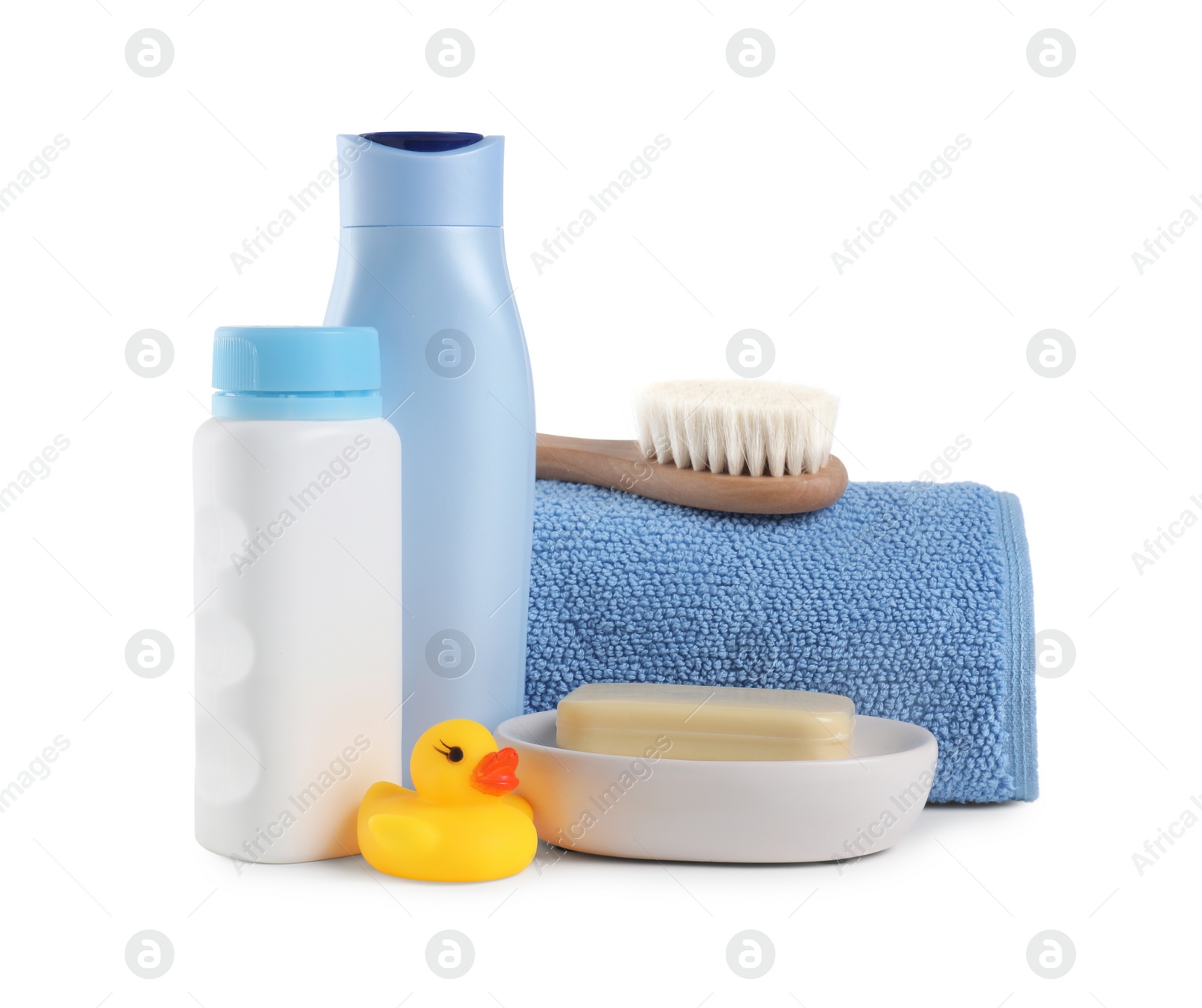 Photo of Baby cosmetic products, bath duck, brush and towel isolated on white