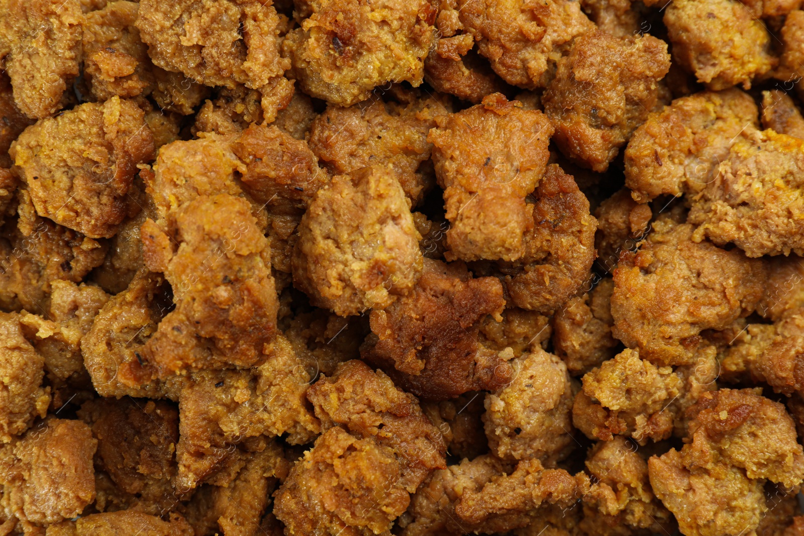 Photo of Delicious cooked soy meat as background, top view
