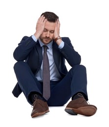 Photo of Upset bearded businessman in suit on white background