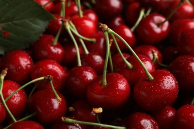 Photo of Ripe sweet cherries with water drops as background, closeup