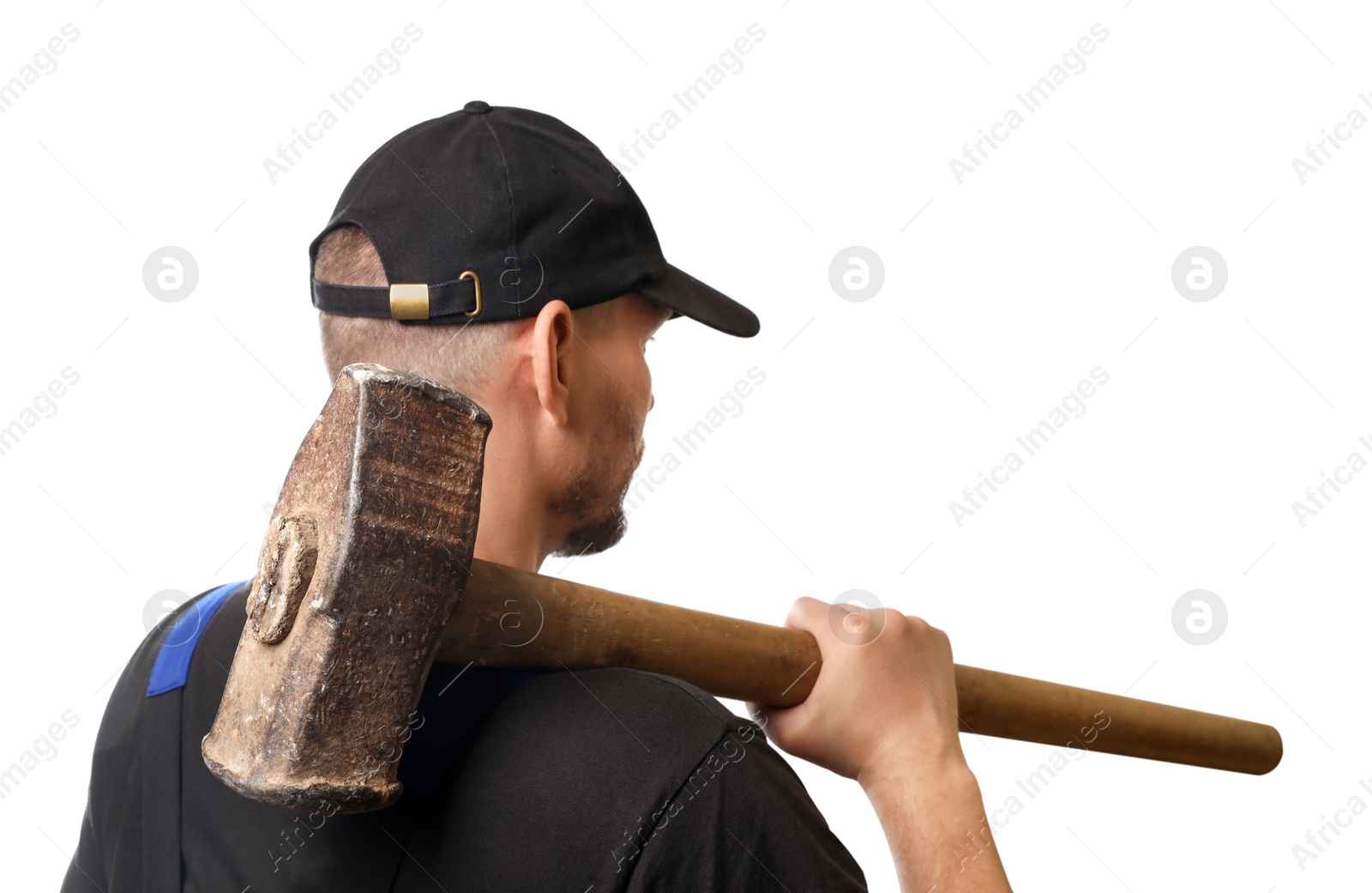 Photo of Man with sledgehammer on white background, selective focus