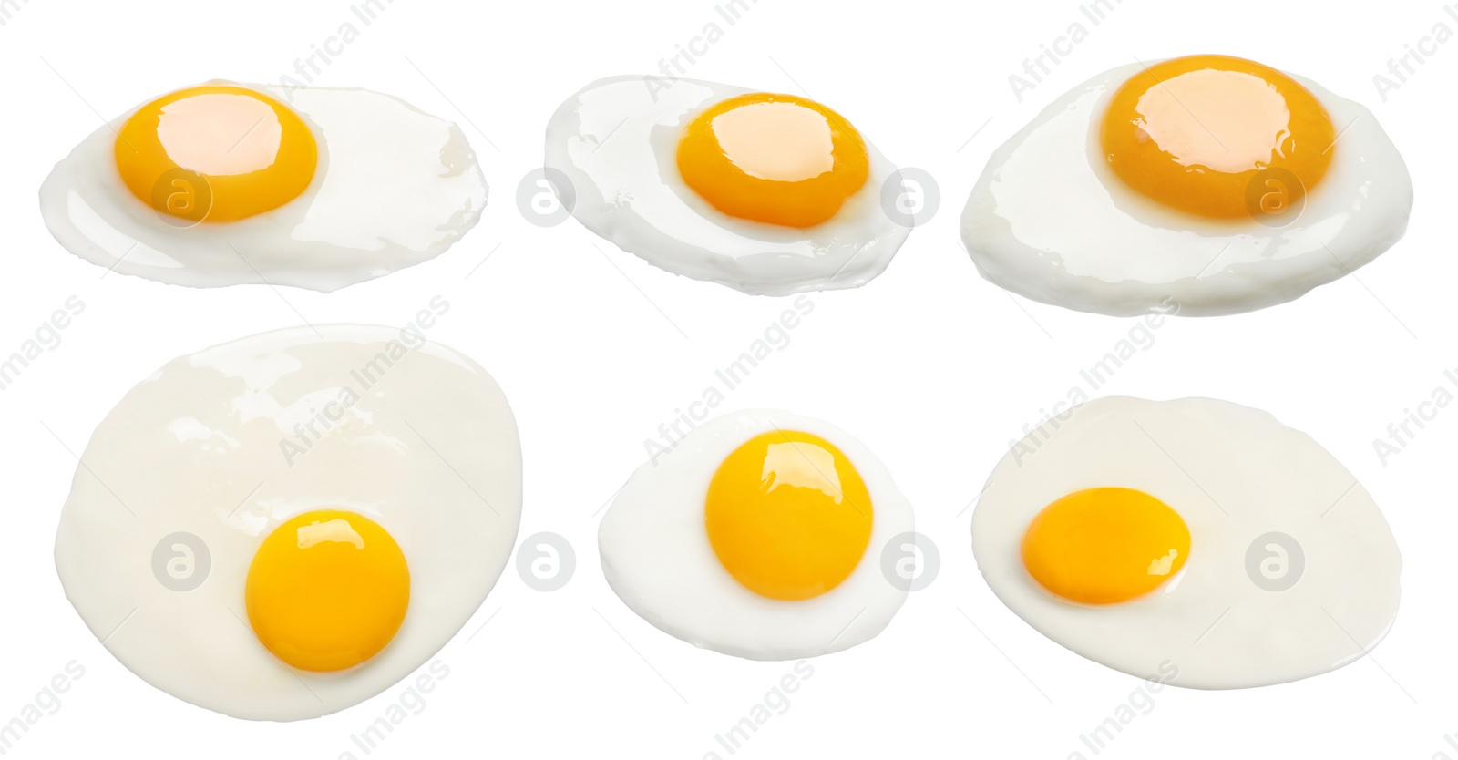 Image of Set with tasty fried eggs on white background