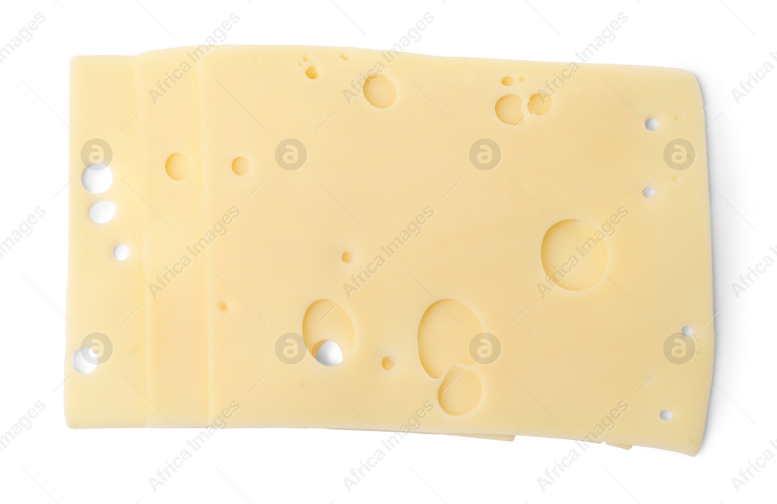 Photo of Slices of tasty fresh cheese isolated on white, top view