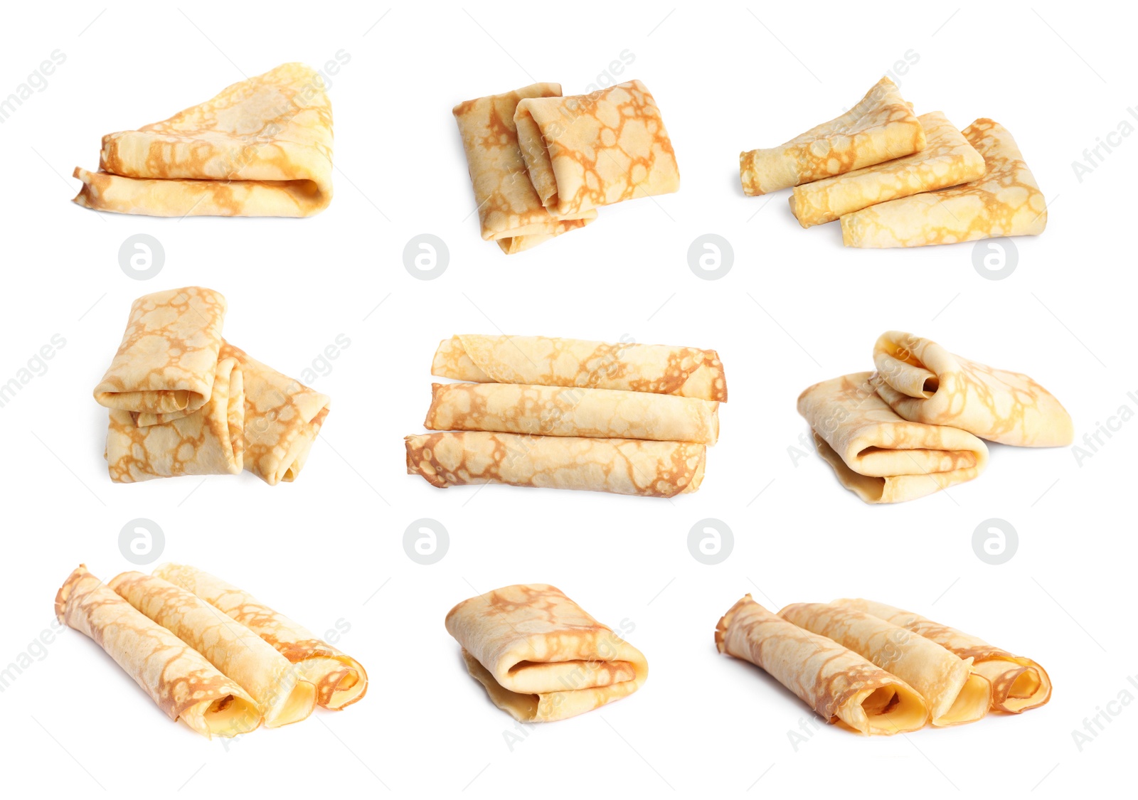 Image of Set of delicious thin pancakes on white background