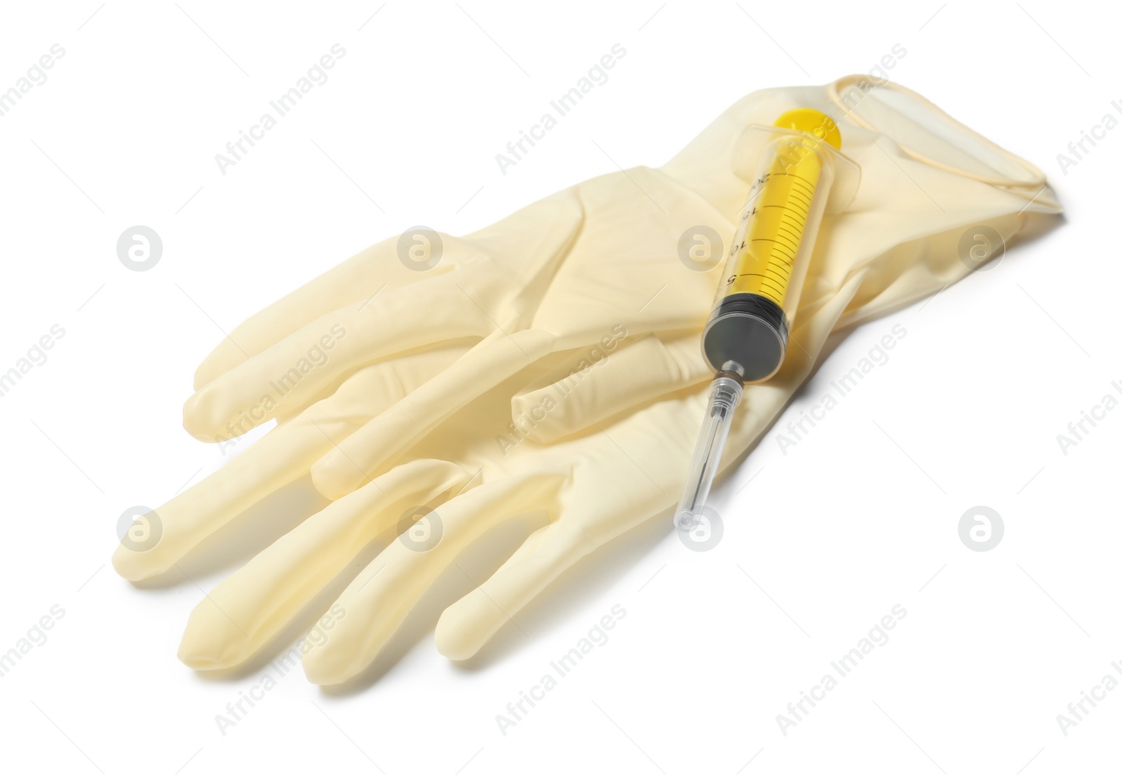 Photo of Medical gloves and empty syringe on white background