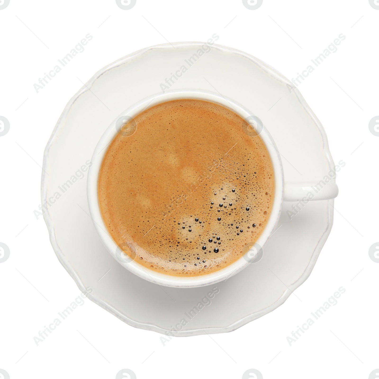 Photo of Cup of hot coffee and saucer isolated on white, top view