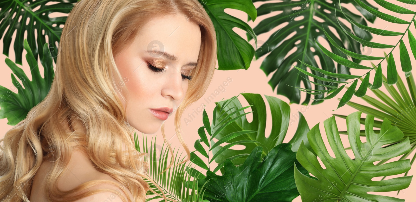 Image of Beautiful young woman and tropical leaves, banner design. Spa portrait