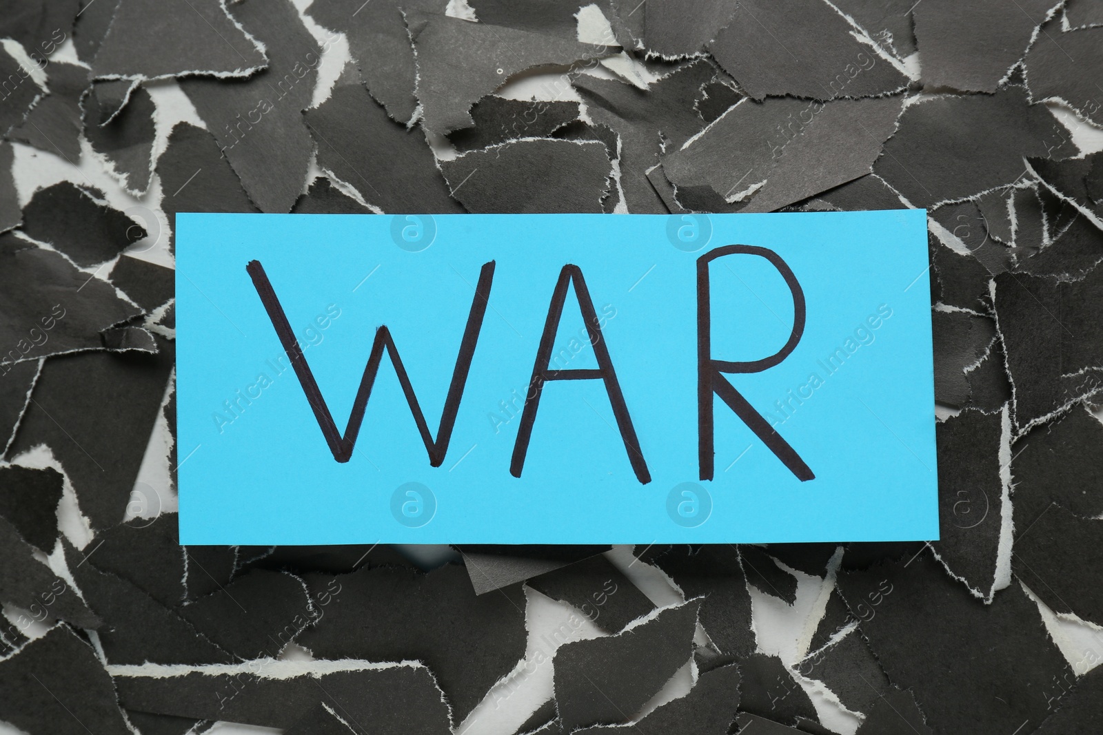 Photo of Word War and pieces of torn black paper on white background, flat lay