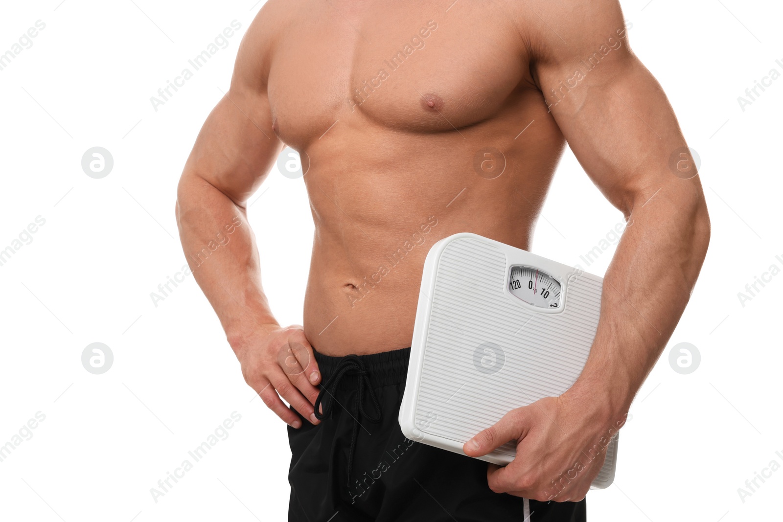 Photo of Athletic man holding scales on white background, closeup. Weight loss concept