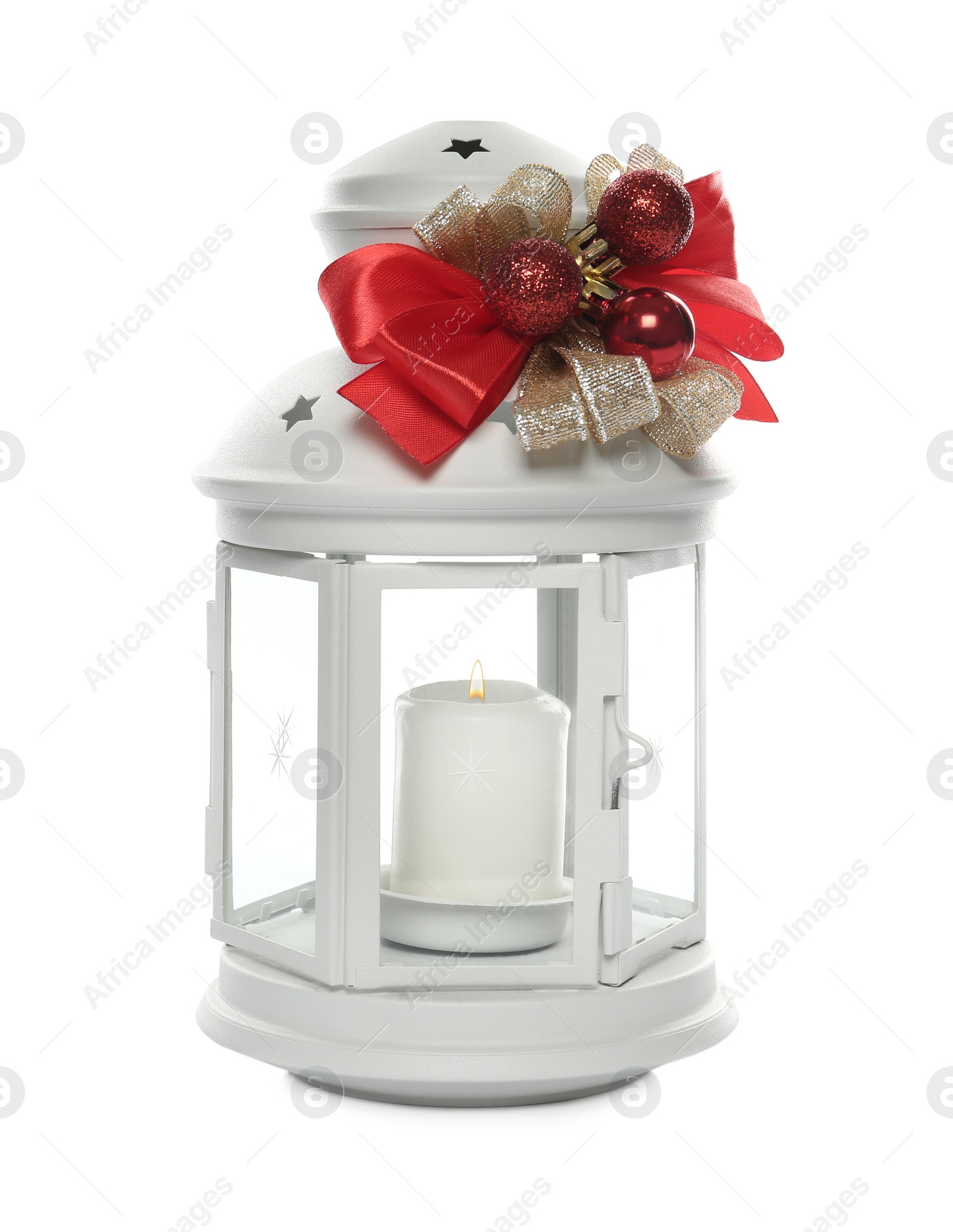 Photo of Decorative Christmas lantern with candle isolated on white