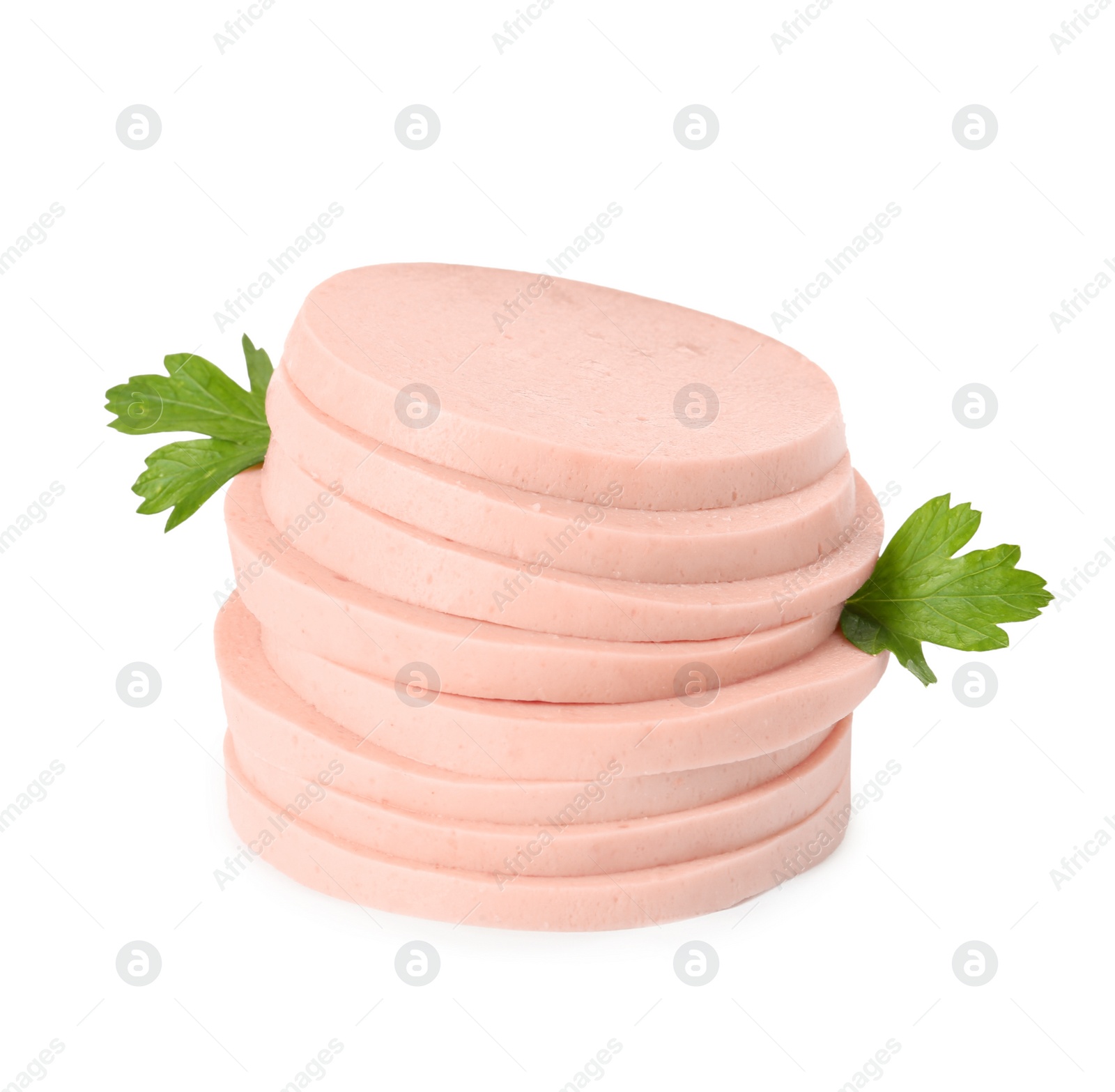 Photo of Slices of delicious boiled sausage with parsley on white background