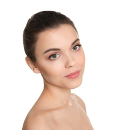 Young woman with beautiful makeup on white background. Professional cosmetic products