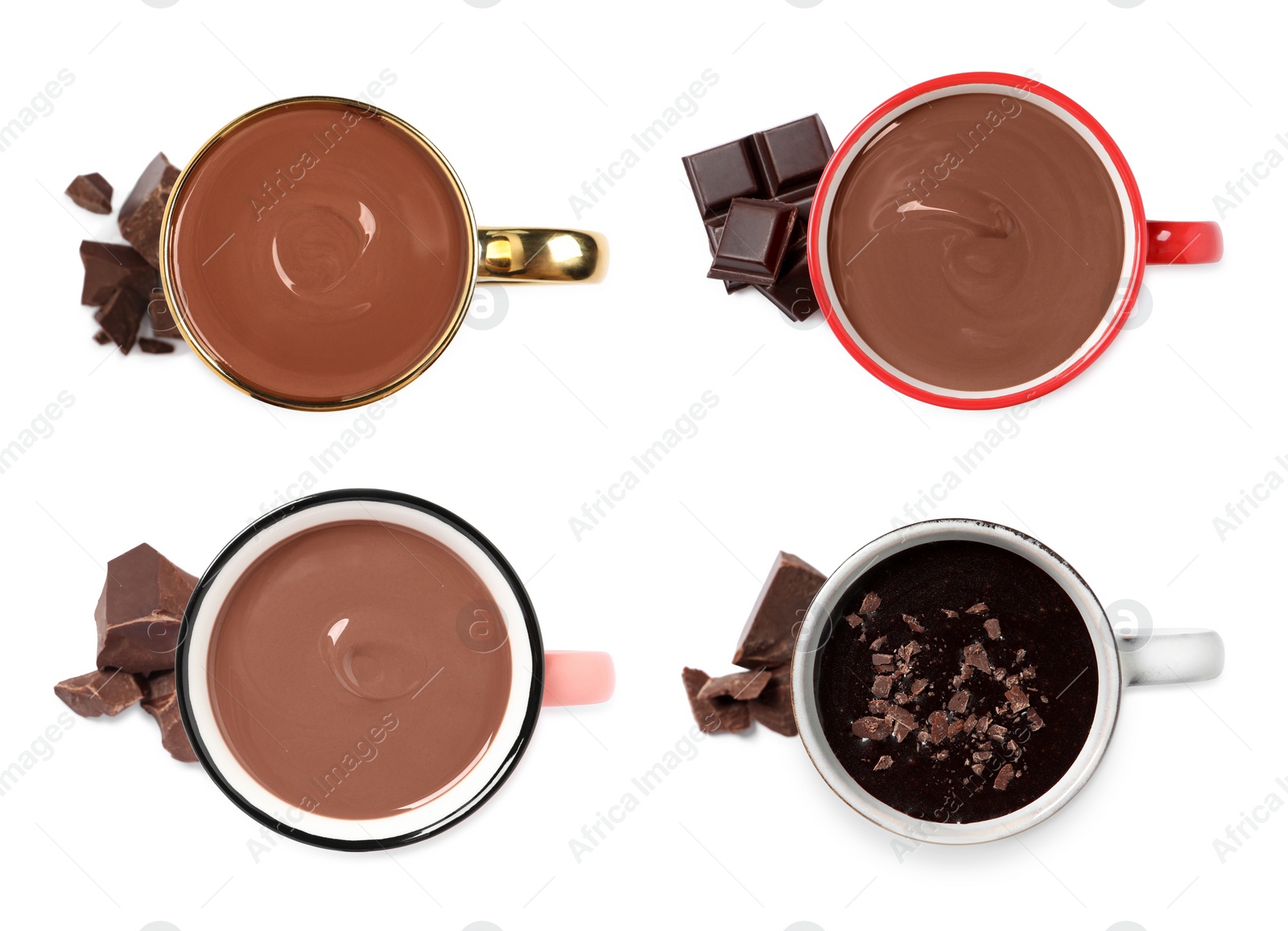 Image of Delicious hot chocolate in cups isolated on white, top view