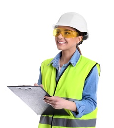 Female industrial engineer in uniform with clipboard on white background. Safety equipment