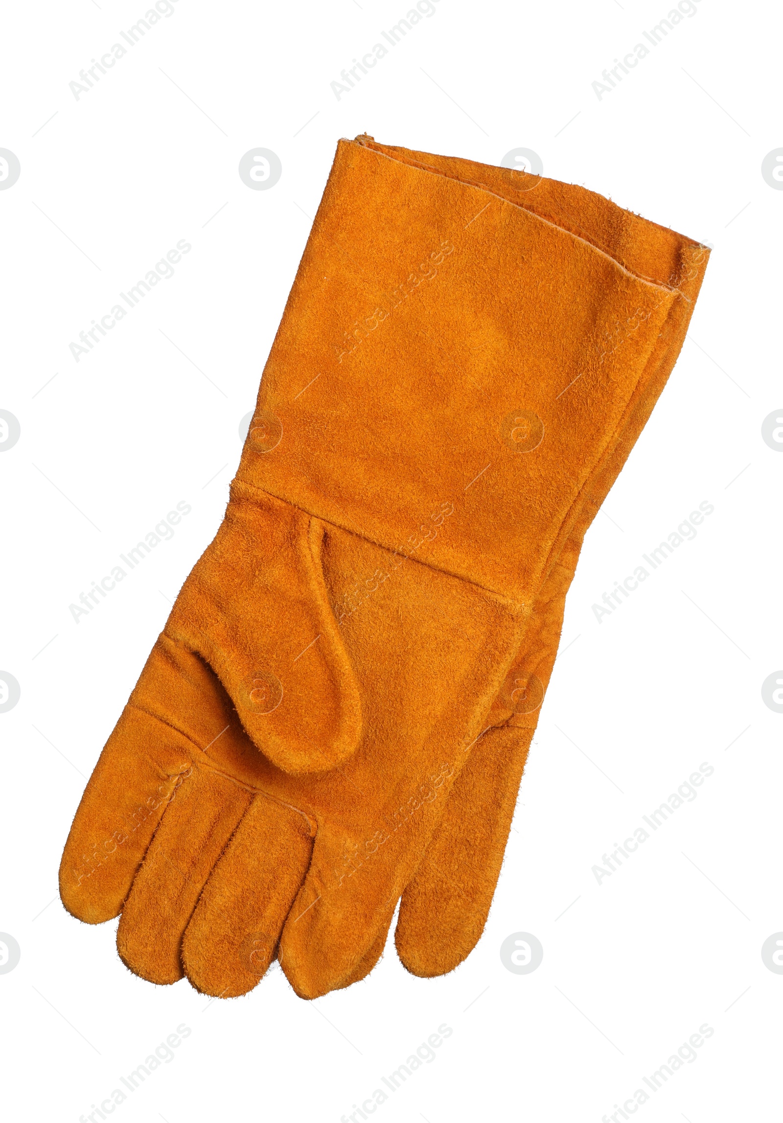 Photo of Orange protective gloves isolated on white. Safety equipment