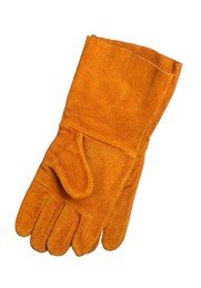Photo of Orange protective gloves isolated on white. Safety equipment