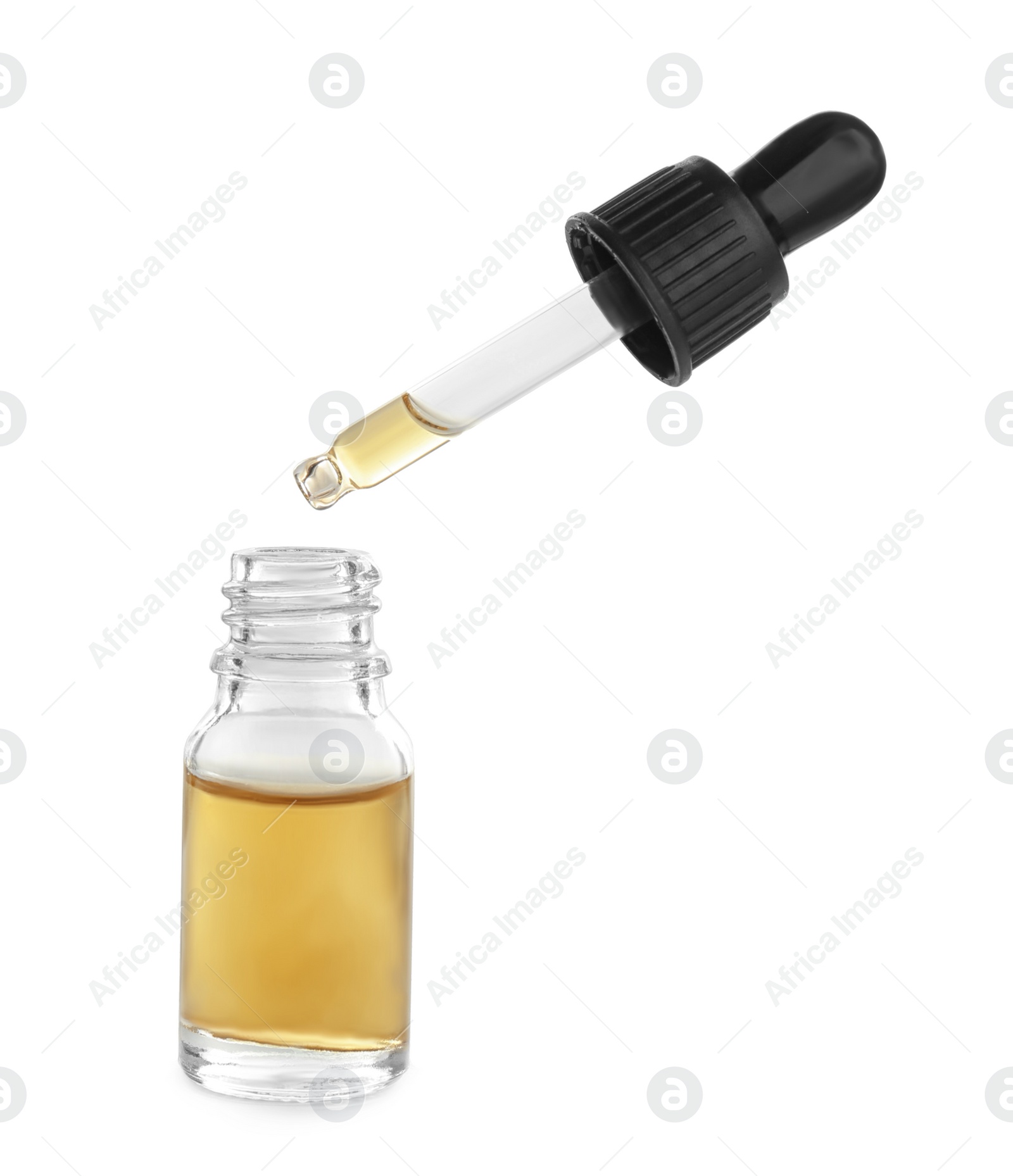 Photo of Little bottle with essential oil and dropper on white background