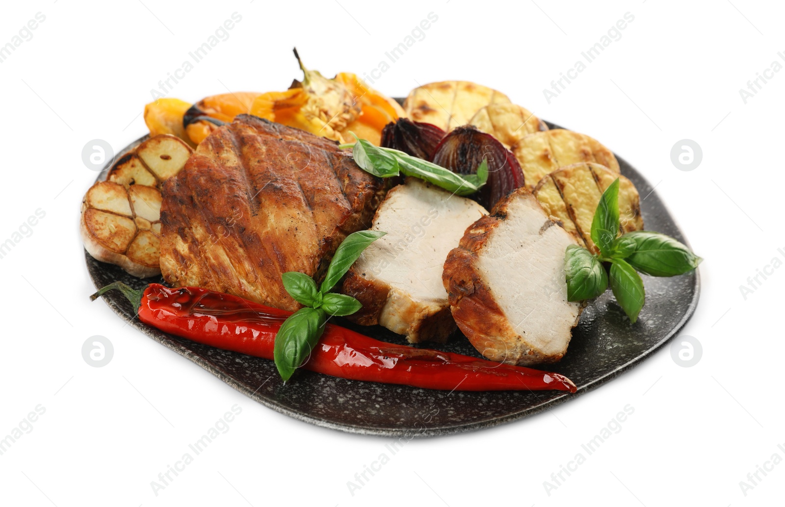 Photo of Plate with tasty grilled vegetables, meat and basil isolated on white