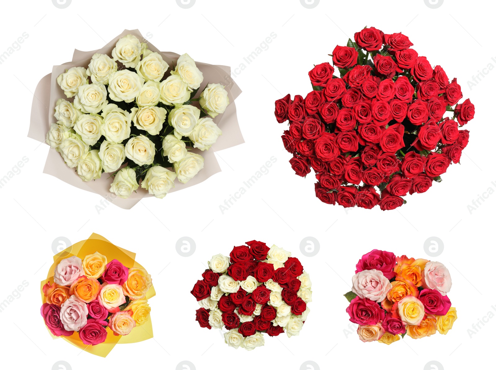 Image of Set of beautiful rose bouquets on white background, top view