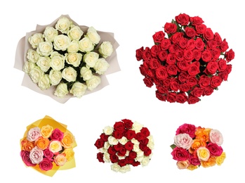 Set of beautiful rose bouquets on white background, top view