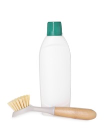 Photo of Bottle of cleaning product and brush isolated on white