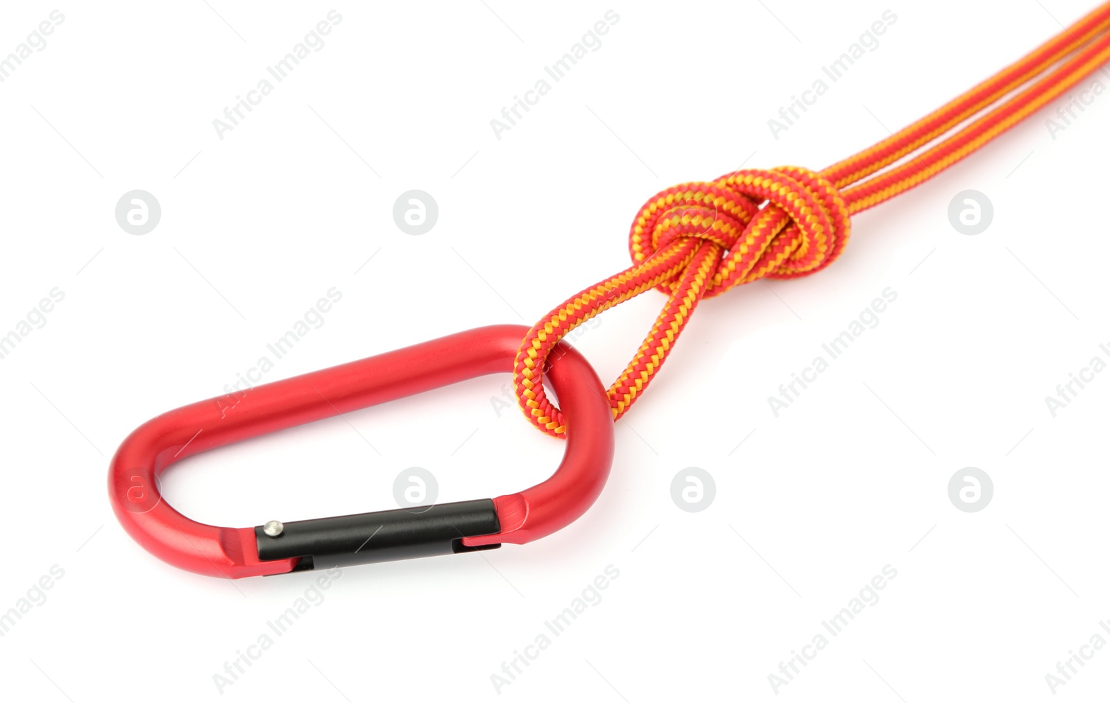 Photo of One metal carabiner with rope isolated on white