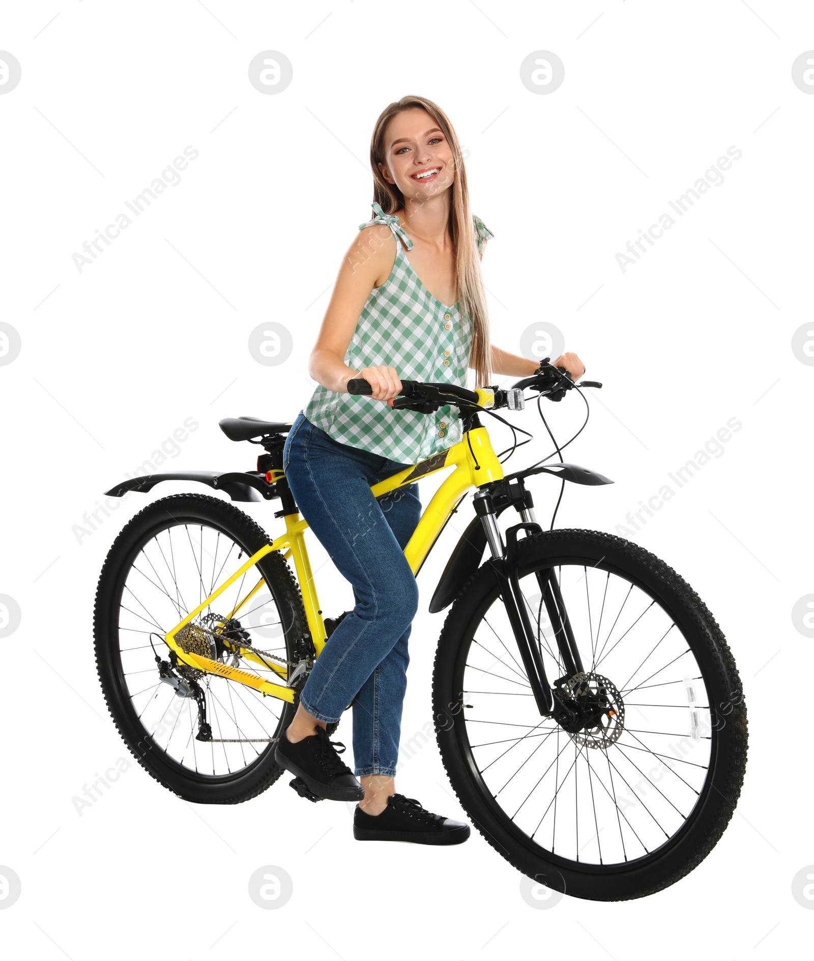 Photo of Happy young woman with bicycle on white background